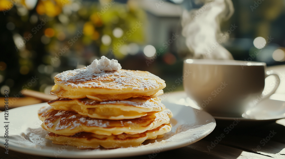 Finnish Pancakes stacked with powdered sugar and a cup of coffee on a sunny morning Finnish Pancakes stacked with powdered sugar and a cup of coffee on a sunny morning