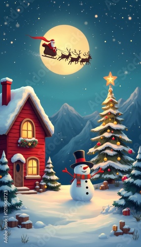A charming winter landscape features Santa Claus soaring through the night sky in his sleigh, surrounded by twinkling stars and a glowing full moon. Below, a cheerful snowman in a top hat stands