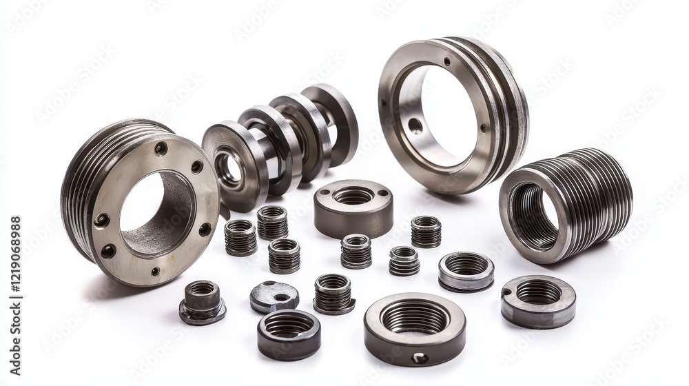 A collection of engine bearings and crankshaft on a white isolated background A collection of engine bearings and crankshaft on a white isolated background