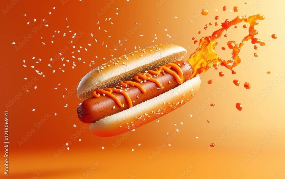 A smoky hot dog flying mid-air with a fiery orange sriracha sauce splash, surrounded by floating sesame seeds, on a gradient orange background