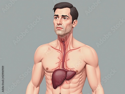  illustration of the human throat positioned on a mature adult male's body