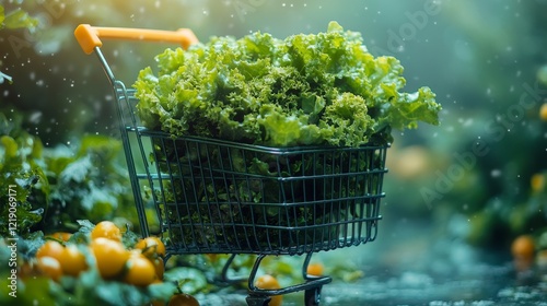 Fresh lettuce in a mini shopping cart amidst a garden.