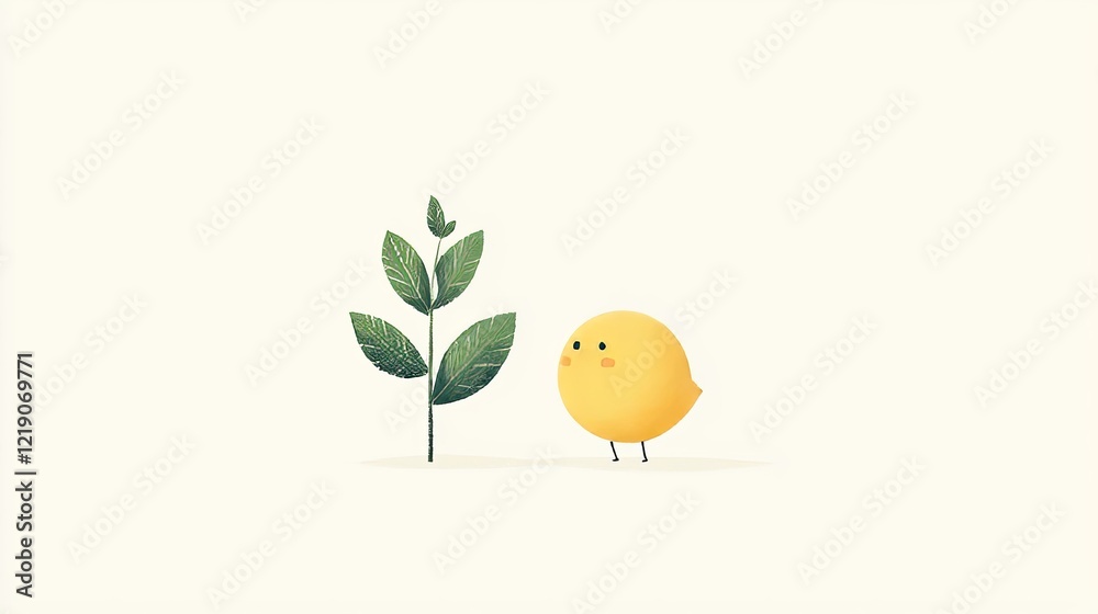 Fototapeta premium Small Yellow Chick Observing a Green Leafy Plant with Mustard Seed Growth in a Bright Minimalist Scene
