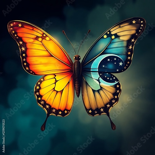 Stunning butterfly with vibrant orange and blue wings.

