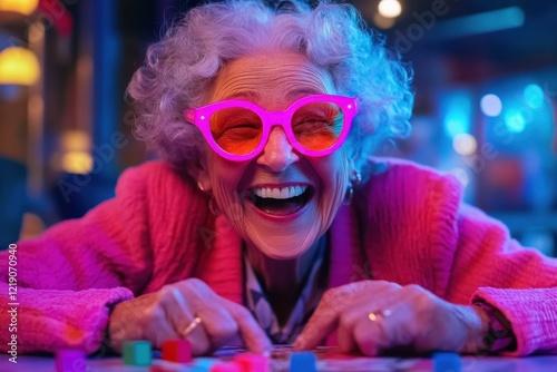 Elderly woman enjoying family game night in a cozy living room with laughter and joy