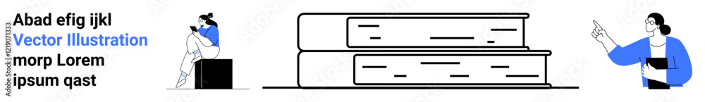 Two characters interacting with large books one reading, another gesturing. Ideal for education, e-learning, online courses, teaching resources, digital libraries, knowledge sharing, academic tools