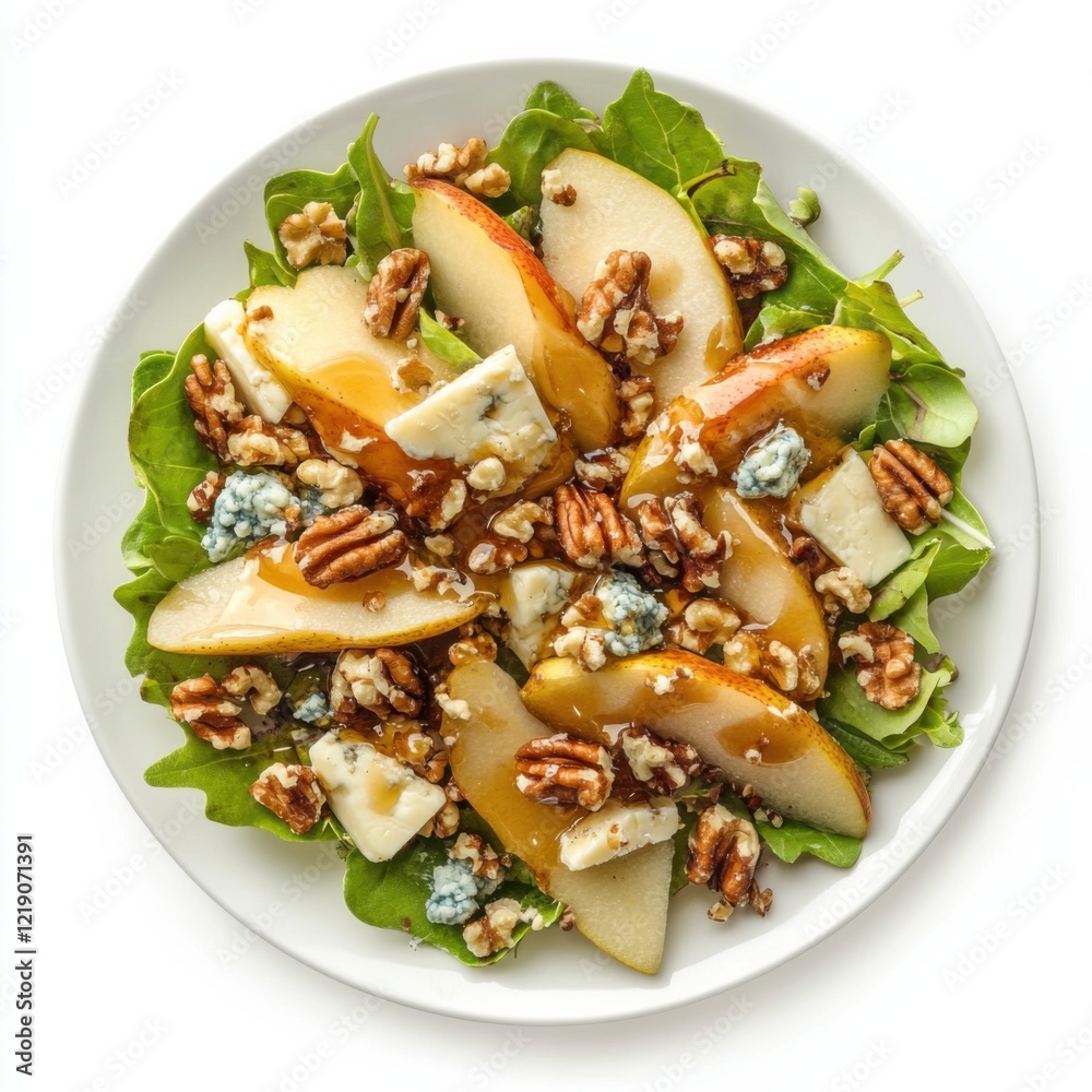 A fresh pear and walnut salad with blue cheese and honey vinaigrette, isolated white background, traditional art style A fresh pear and walnut salad with blue cheese and honey vinaigrette, isolated white background, traditional art style