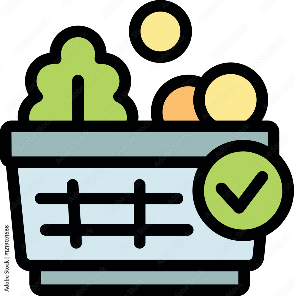 Online grocery shopping basket full of fresh produce, confirmed with a green check mark, symbolizing a completed order Online grocery shopping basket full of fresh produce, confirmed with a green check mark, symbolizing a completed order