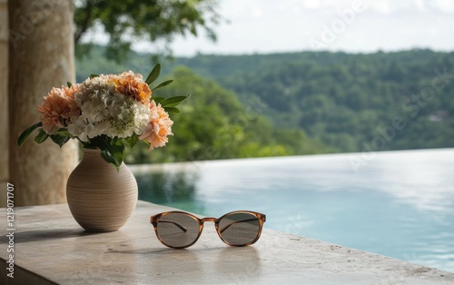 An elegant poolside display with designer sunglasses and a beautiful floral bouquet, perfectly placed by the infinity pool with a breathtaking landscape view 
