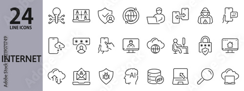 Internet line icons set with Security, Business, Cyberspace, Mail, Password, AI, Network, Notebook, Cloud, Server and more. Editable Stroke