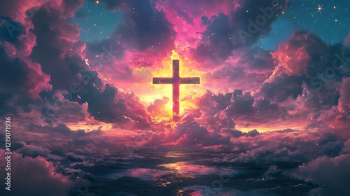 A glowing cross against the backdrop of a colorful sunset sky