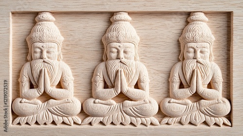 Intricate Carving of Jain Tirthankaras in Wood Featuring Detailed Expressions and Traditional Postures photo