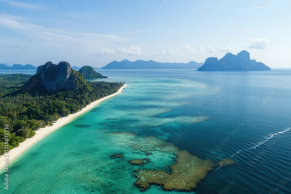 Fototapeta premium Tropical Island Paradise Aerial View of Pristine Beaches and Turquoise Waters