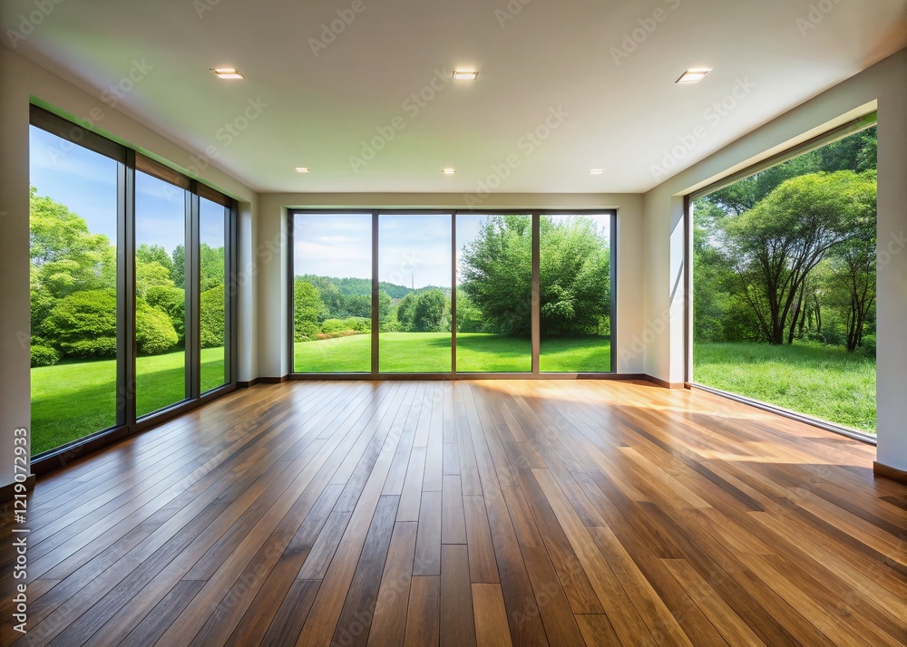 Fototapeta premium Minimalist Empty Room Hardwood Floor Green Grass View Natural Light Wooden Fixtures Tree Art