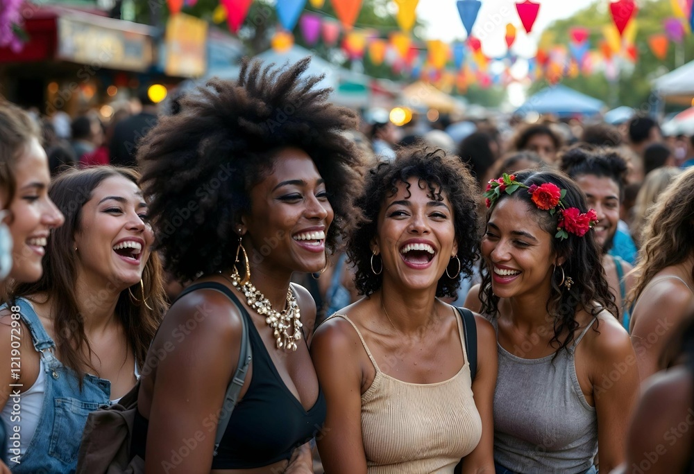 Obraz premium A crowd in an outdoor festival laughing and enjoying themselves, with colorful decorations in the background