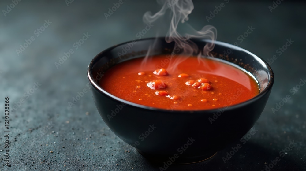 Aromatic Steaming Bowl of Red Soup with Tiny Spherical Ingredients on Dark Surface Aromatic Steaming Bowl of Red Soup with Tiny Spherical Ingredients on Dark Surface