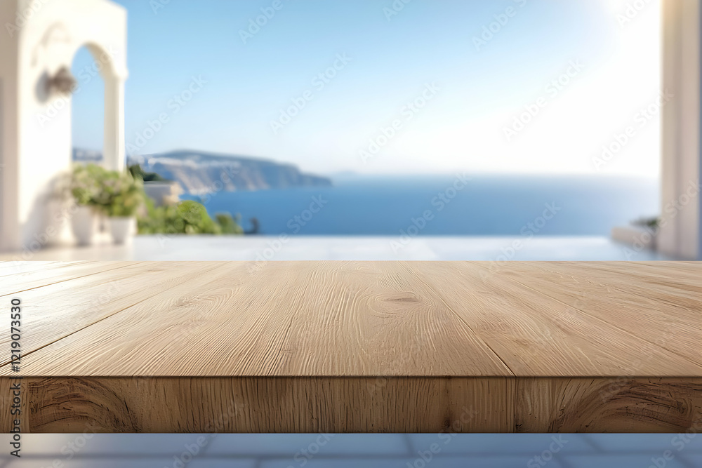 Fototapeta premium Wooden terrace table overlooking calm Mediterranean sea