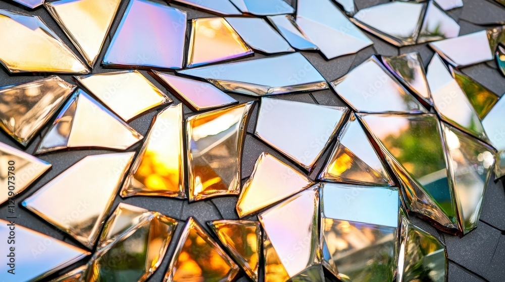 Fototapeta premium Colorful Reflections of Broken Glass Pieces on Outdoor Surface