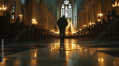A man lighting a candle in a historic cathedral, reflecting quiet devotion