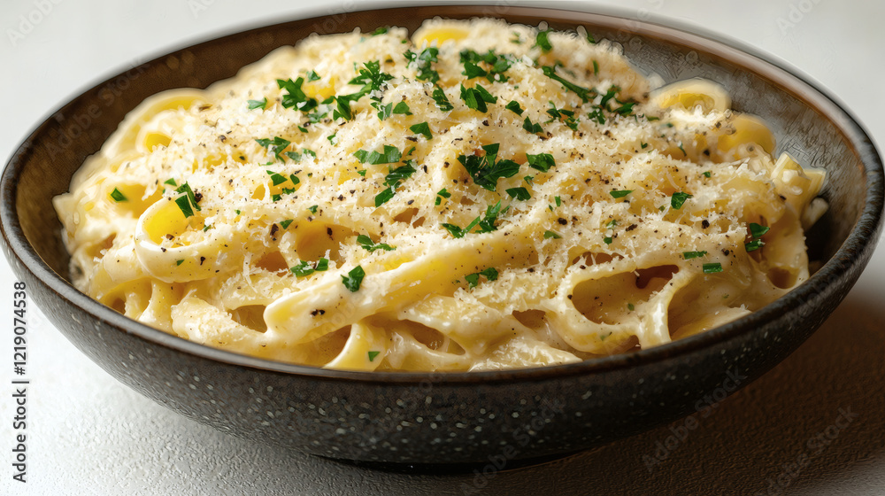 A Bowl Of Creamy Pasta Alfredo Topped With Grated Parmesan And Parsley A Bowl Of Creamy Pasta Alfredo Topped With Grated Parmesan And Parsley