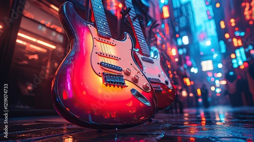 Electric Guitars Resting On Wet City Street At Night