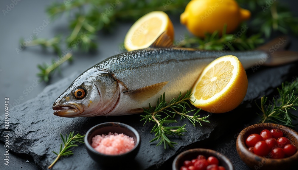 A beautifully arranged fresh fish lies on a dark slate surface, accompanied by bright lemon slices and sprigs of greenery. This culinary masterpiece evokes a sense of freshness and gourmet delight A beautifully arranged fresh fish lies on a dark slate surface, accompanied by bright lemon slices and sprigs of greenery. This culinary masterpiece evokes a sense of freshness and gourmet delight
