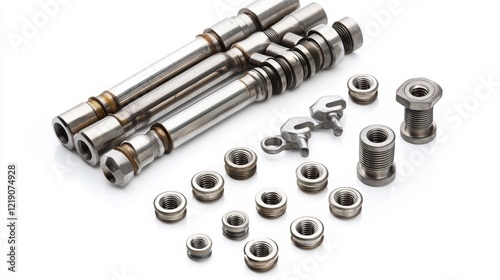 A collection of valve lifters, push rods, and rocker arms on a white isolated background