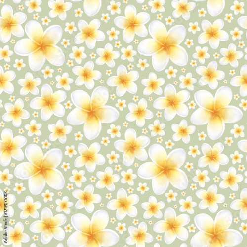 Plumeria flower in pastel yellow and white color. Hand drawn watercolor seamless pattern of delicate frangipani on light olive. Drawing of tropic plant for packaging, textile, fabric and spa design.