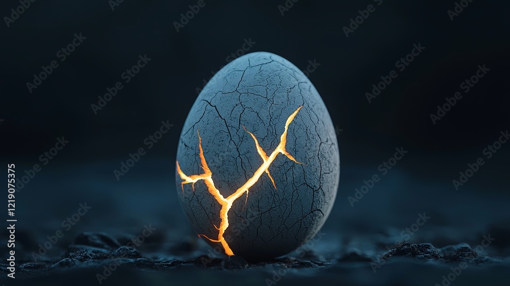Glowing Dragon Egg with Cracks Revealing Bright Light in Dark Atmosphere Glowing Dragon Egg with Cracks Revealing Bright Light in Dark Atmosphere