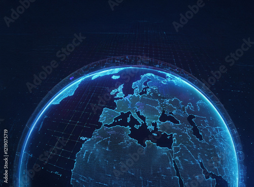 A glowing digital globe, emphasizing Europe, is set against a dark background.  The continents are depicted with a network of interconnected lines, suggesting global connectivity and data flow.