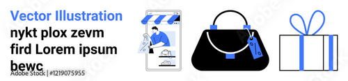 Man shopping online via mobile app, a handbag with a price tag, and a wrapped gift box. Ideal for e-commerce, online shopping, retail, fashion, gifts marketing user interface. Landing page