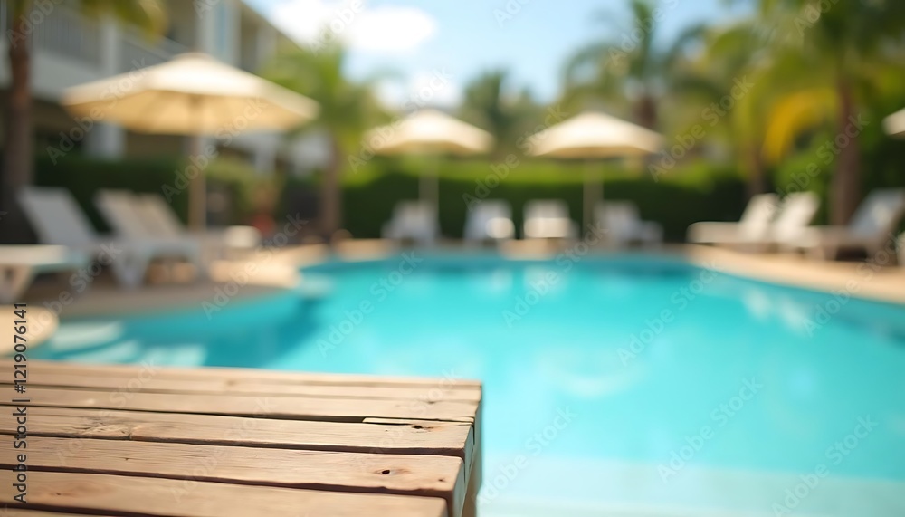 Relaxing Poolside Scene with Wooden Deck and Loungers Relaxing Poolside Scene with Wooden Deck and Loungers