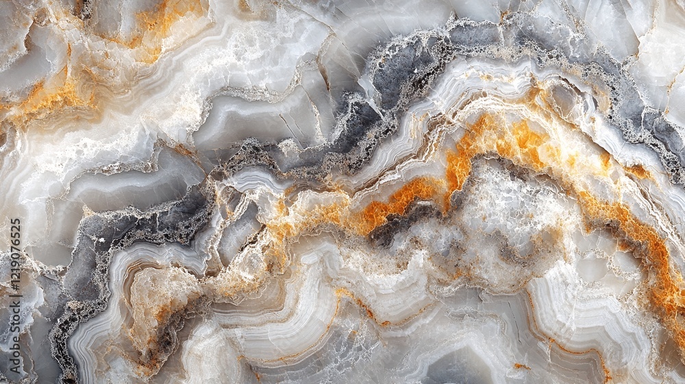 Fototapeta premium The image features a close-up view of a striking onyx stone with an intricate pattern of white, grey, and orange hues.