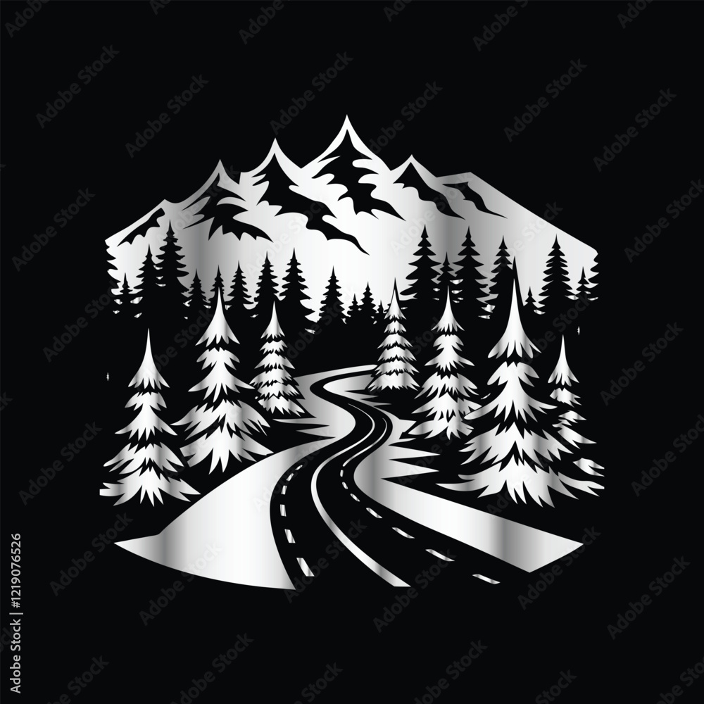 Obraz premium Nature Logo: Pine Forest, River & Rocks Hand-Drawn for Unique Painting & Design Creations. Hand-Drawn Hill and River: Mountain Club Artwork for Adventure T-Shirts and Creative Painting Design. 