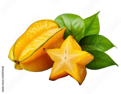 a Starfruit with leave on white background