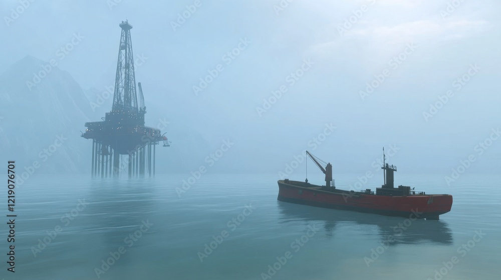 Fototapeta premium A cargo ship anchored near an oil rig in the middle of the ocean.