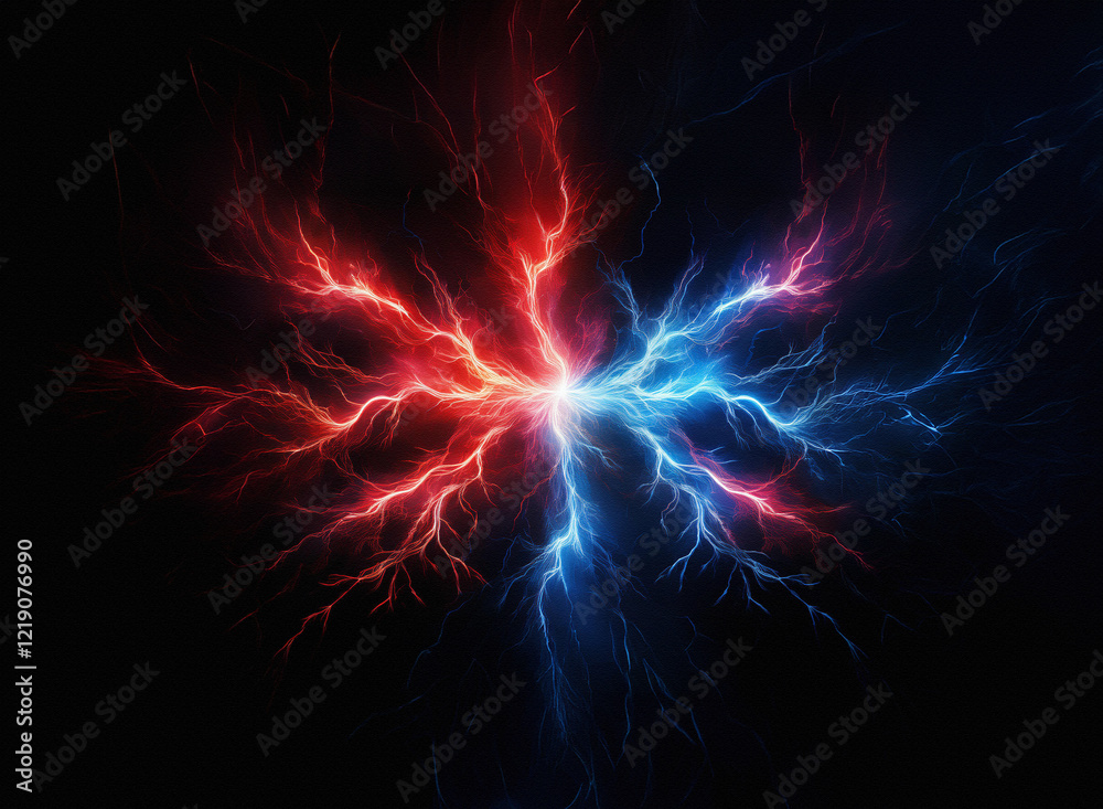 A mesmerizing abstract image showcases a clash of red and blue electrical energy, forming a striking, symmetrical pattern against a stark black background. The vibrant colors and dynamic forms create A mesmerizing abstract image showcases a clash of red and blue electrical energy, forming a striking, symmetrical pattern against a stark black background. The vibrant colors and dynamic forms create