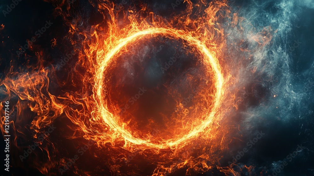 Obraz premium Fiery Circle Illuminating Deep Blue Background Creating a Dramatic Contrast of Light and Darkness