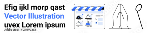 Website shopfront with canopy, various online profiles, search results displayed, abstract lines, and text. Ideal for web design, e-commerce, user interface, digital marketing visual identity