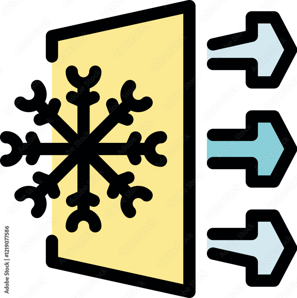 Cold air flows from a conditioner, creating a snowflake symbol, indicating ideal temperature for food preservation Cold air flows from a conditioner, creating a snowflake symbol, indicating ideal temperature for food preservation