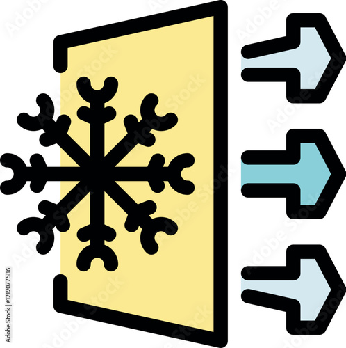 Cold air flows from a conditioner, creating a snowflake symbol, indicating ideal temperature for food preservation