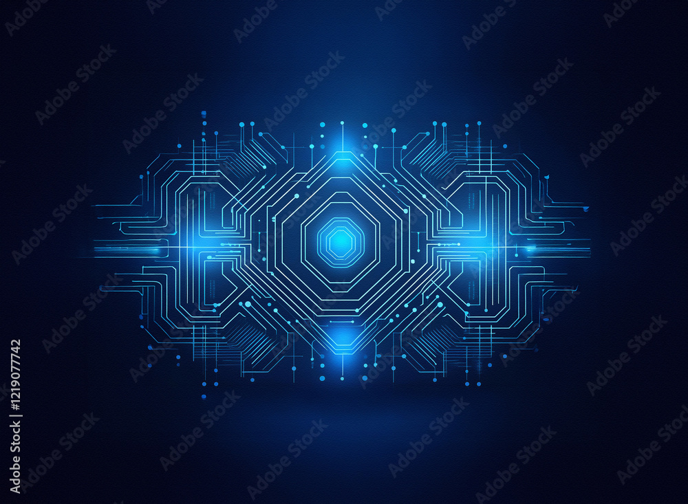 Obraz premium Abstract digital circuitry glowing bright blue. Intricate design, technological, futuristic, and network-like. Central eye-like core radiates light.