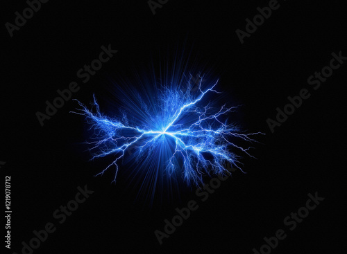 Intense blue electrical energy bursts forth, radiating outwards against a stark black background.  The fractal-like branches of the discharge create a mesmerizing display of light and power.
