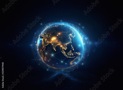 A glowing digital Earth, encircled by a network of interconnected nodes, representing global connectivity and technological advancement.  The continents are subtly illuminated, emphasizing the vastnes photo