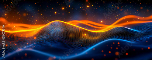 Abstract digital background with glowing light and data lines in shades of dark blue, orange, and yellow.