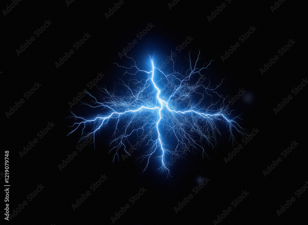 Fototapeta premium A vibrant blue electrical discharge, resembling a stylized lightning bolt, radiates across a pitch-black background. The energy pulses outwards in intricate, branching patterns.