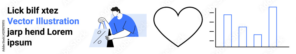 Man holding documents, large heart shape, and bar chart with placeholder text. Ideal for business presentations, analytic reports, informational content, love themes, health wellness, marketing Man holding documents, large heart shape, and bar chart with placeholder text. Ideal for business presentations, analytic reports, informational content, love themes, health wellness, marketing
