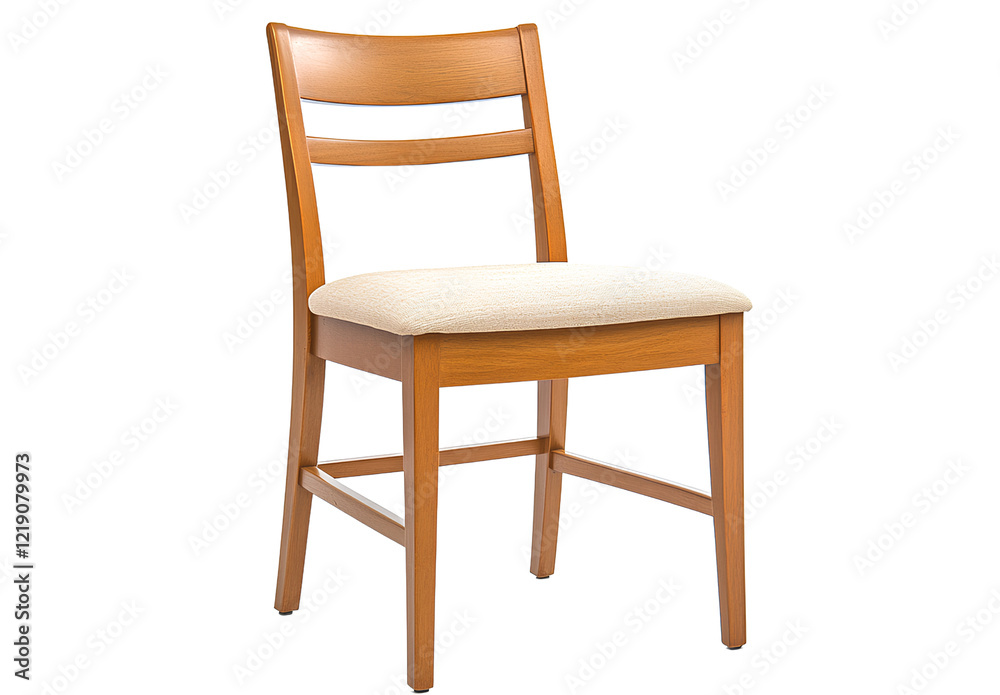 A simple wooden dining chair with a beige cushion, isolated on a transparent background PNG A simple wooden dining chair with a beige cushion, isolated on a transparent background PNG