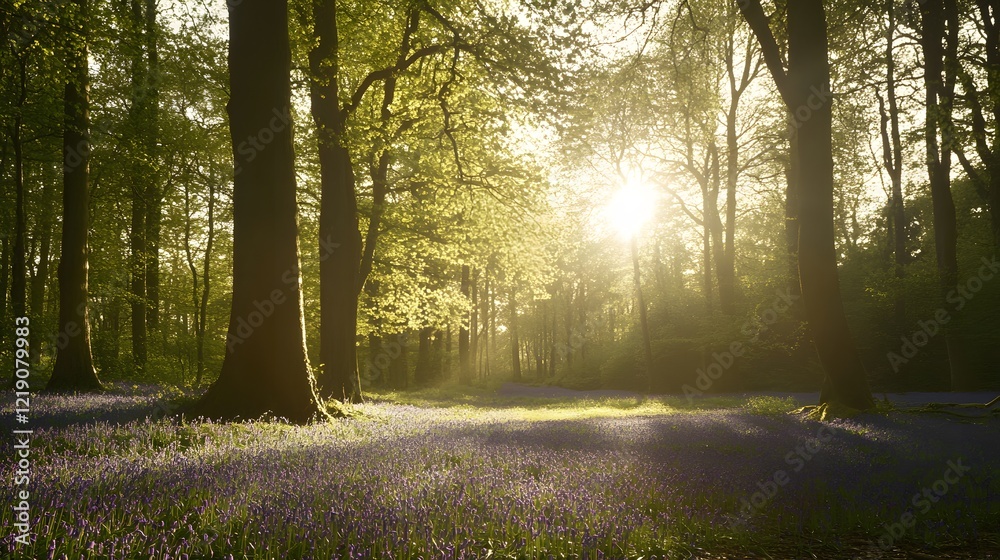 Fototapeta premium Sunlit Bluebell Forest Spring Woodland Scene