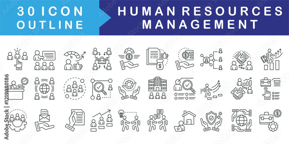 Human Resources Management icon set collection. Consist of Recruitment, Training, Coaching, Employee engagement, Benefits, Conflict resolution, Workplace. Simple vector outline illustration. Human Resources Management icon set collection. Consist of Recruitment, Training, Coaching, Employee engagement, Benefits, Conflict resolution, Workplace. Simple vector outline illustration.